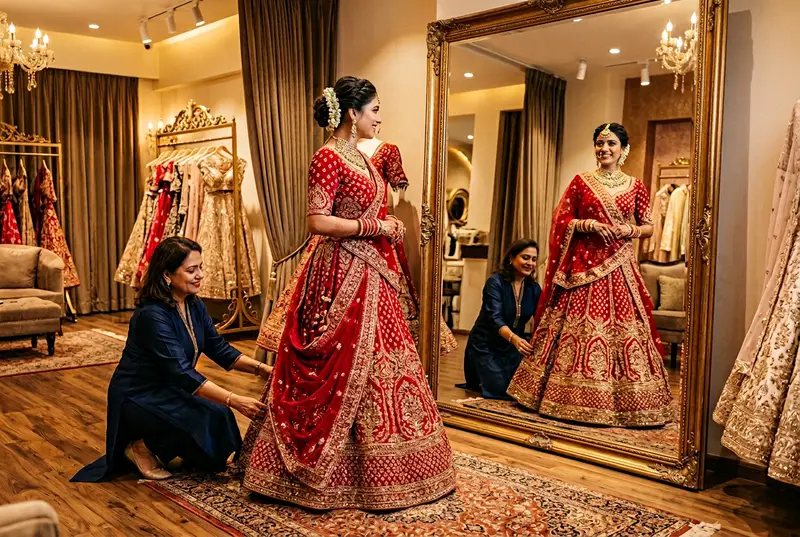 Bride trying on bridal lehenga at boutique with personal shopper assisting
