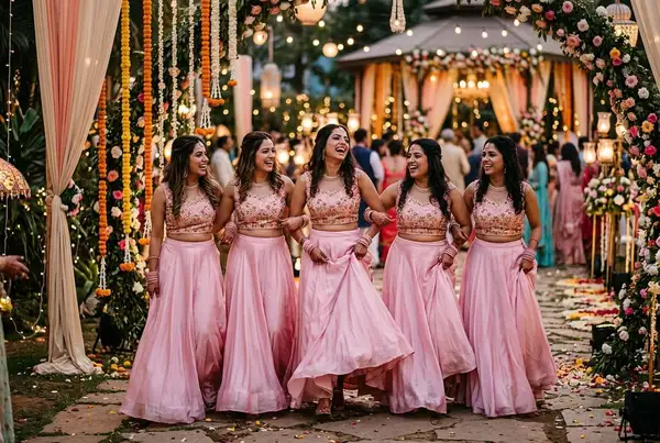 Bridesmaids in coordinated ice-blue Indo-Western outfits for Indian wedding