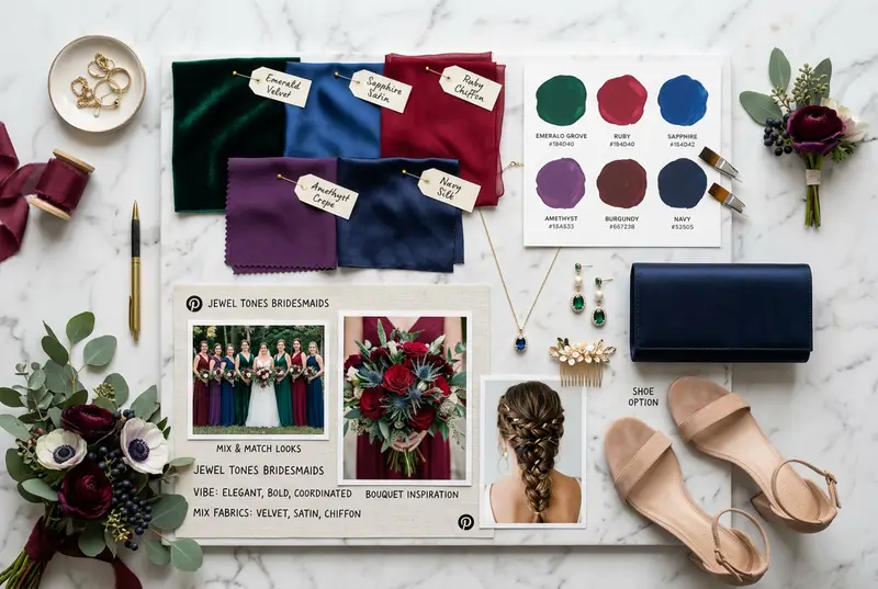 Bridesmaid styling mood board with fabric swatches and outfit options