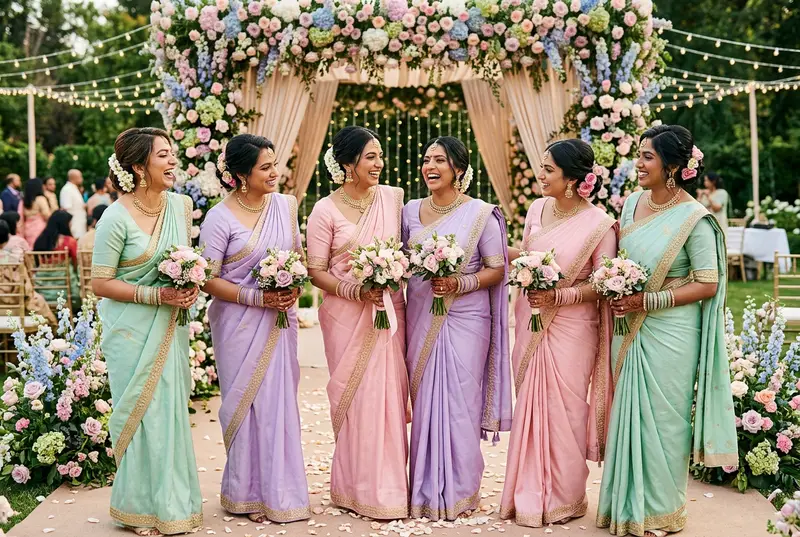 Group of Indian bridesmaids in coordinated pastel outfits at outdoor wedding