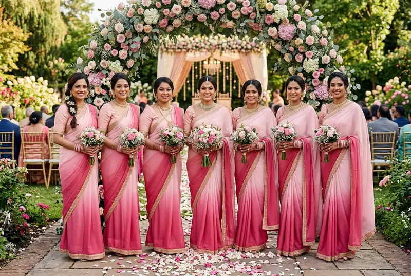 Indian bridesmaids in gradient colour coordinated sarees