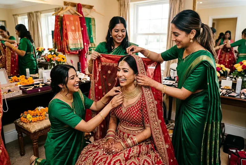 Indian bridesmaids in matching sarees helping the bride get ready
