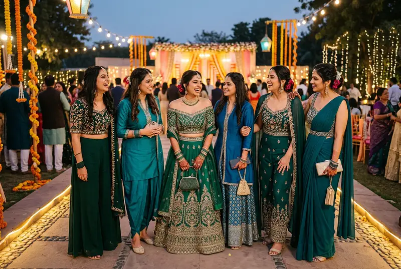 Indian bridesmaids in Indo-western outfits at wedding venue