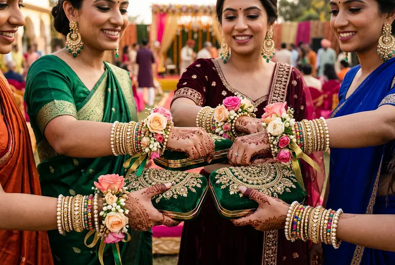Indian bride and bridesmaids showing coordinated jewelry and accessories