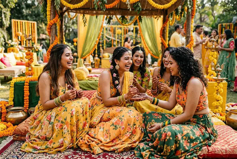 Bride with bridesmaids at mehendi ceremony in bright outfits