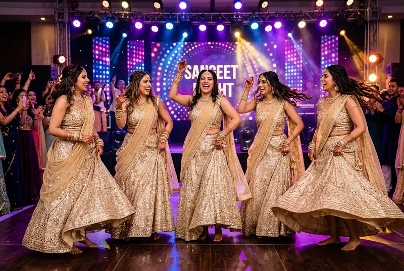 Bride and bridesmaids doing fun dance pose at sangeet