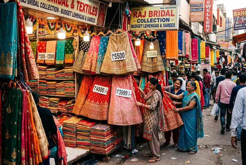 Colourful affordable bridal lehengas on display at an Indian wholesale market