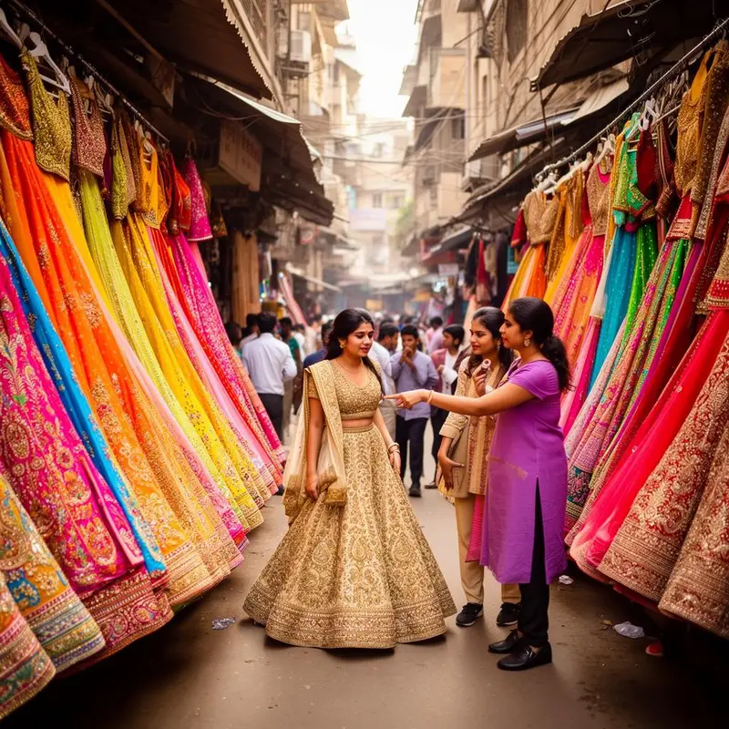 Bride and personal shopper browsing colourful lehengas in the bustling lanes of Chandni Chowk, Delhi