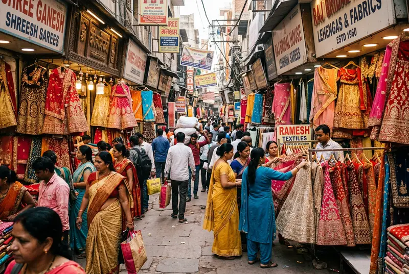 Chandni Chowk narrow lane with colourful bridal shops and lehengas on display