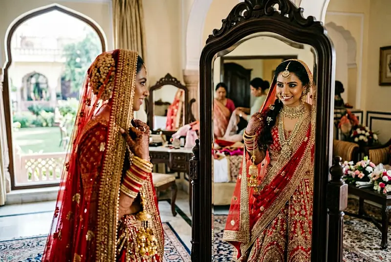 Indian bride trying on a red bridal lehenga at a designer boutique