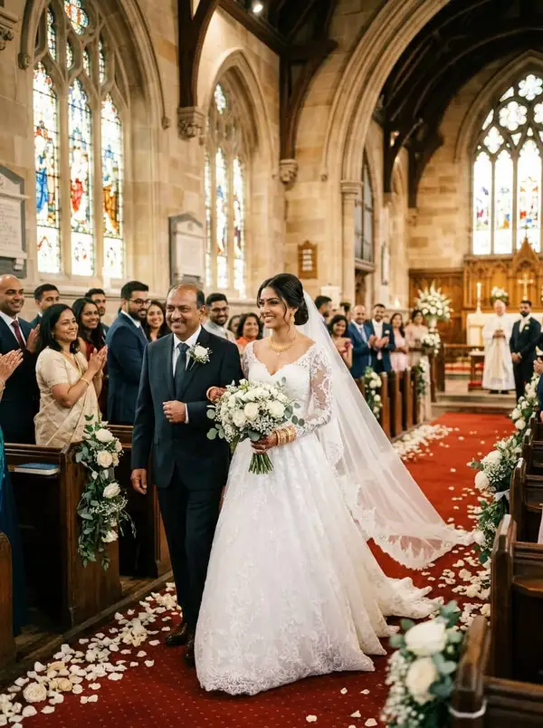 Indian Christian bride in white lace wedding gown walking down church aisle with father - styled by StyleBuddy Weddings