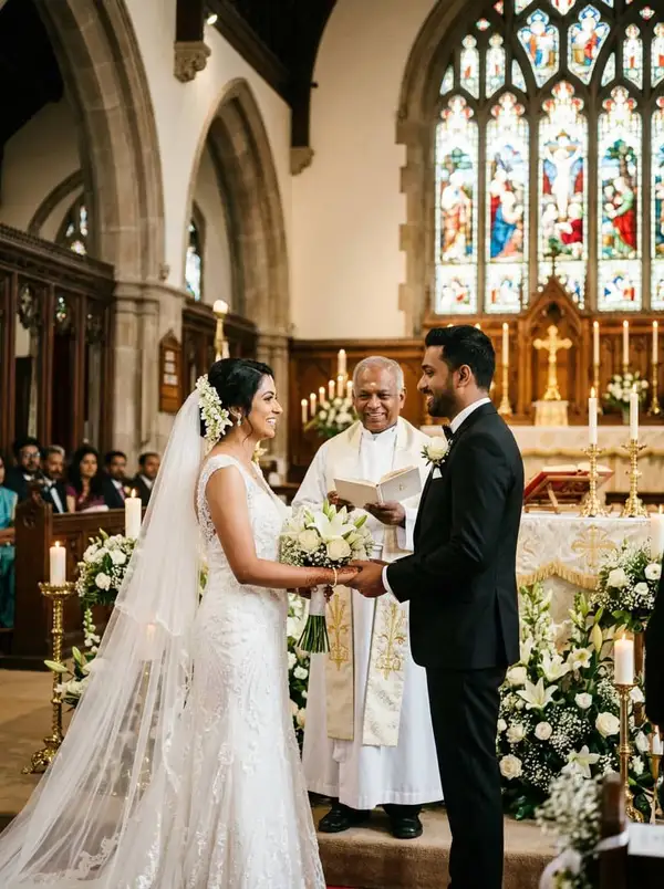 Indian Christian couple exchanging vows at church altar with priest, white lilies and candles - styled by StyleBuddy Weddings
