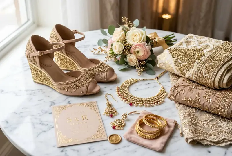 Comfortable rose gold bridal wedge sandals with rhinestone details