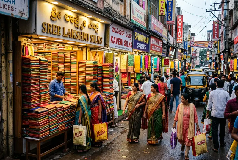 Commercial Street Bangalore vibrant lane with silk saree and lehenga shops