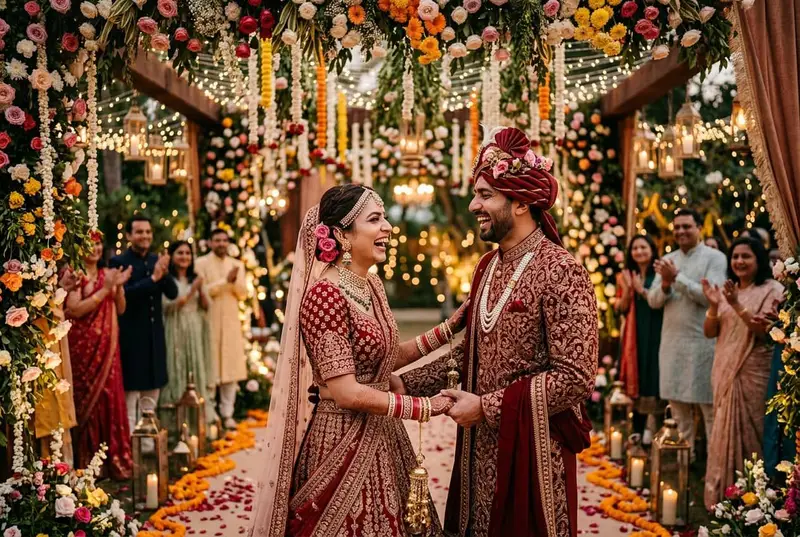 Coordinated couple reveal - bride in pink lehenga, groom in complementary sherwani