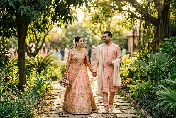 Coordinated couple wedding outfits — pastel lehenga and sherwani with floral garlands