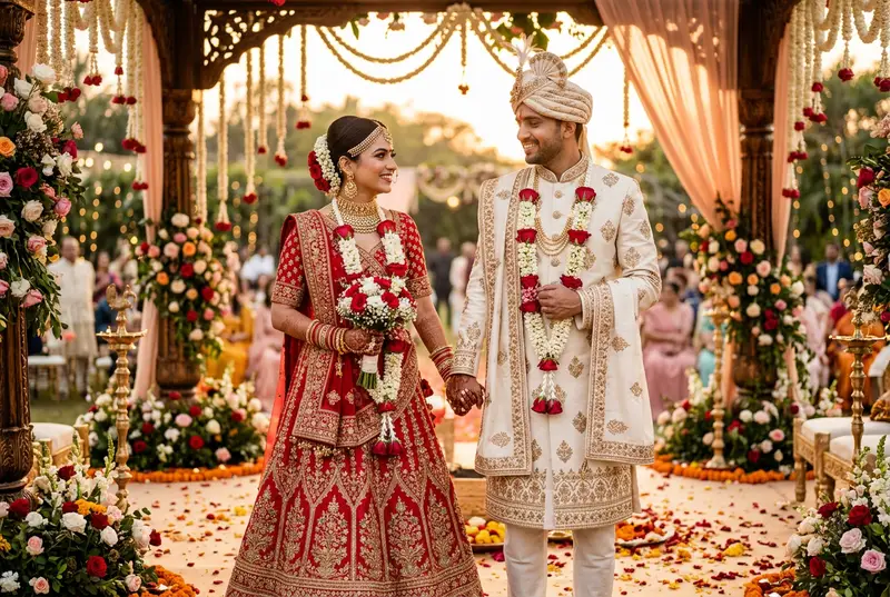 Bride and groom in coordinated ceremony outfits — red lehenga with cream sherwani