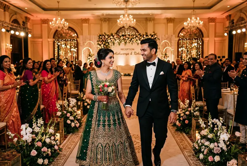 Indian bride and groom at their wedding reception in coordinated outfits