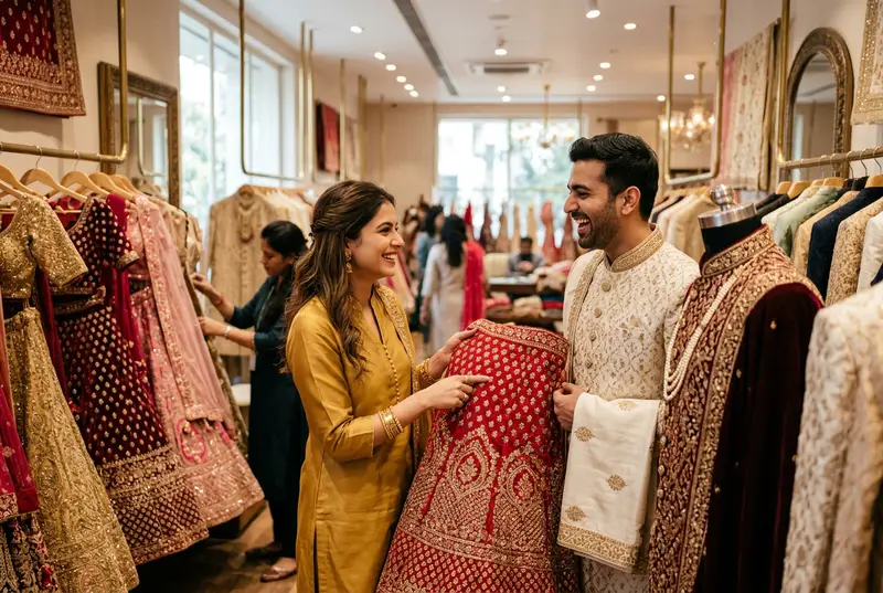 Indian couple happily shopping for wedding outfits together at a bridal market