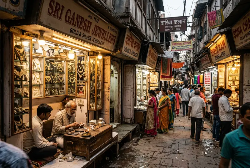 Dariba Kalan silver and kundan jewelry market in Old Delhi heritage setting