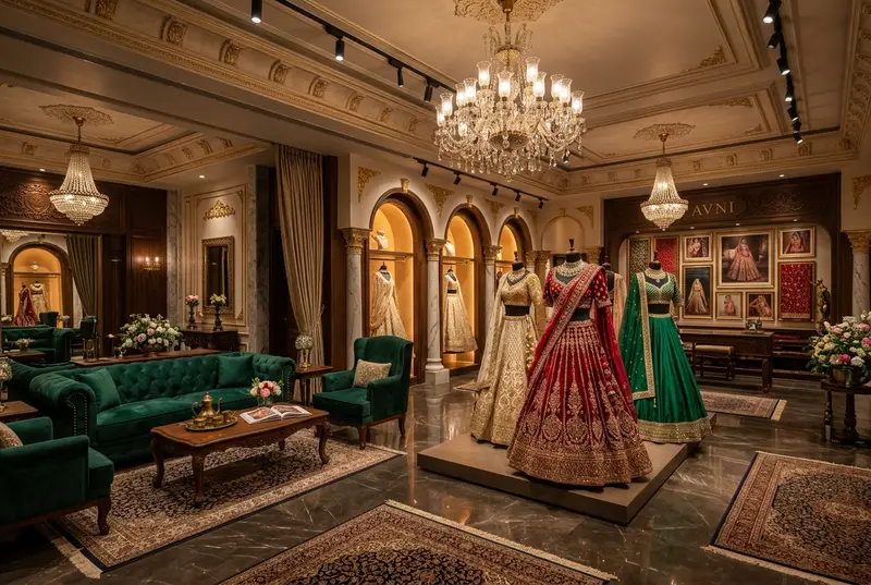 Luxury designer bridal boutique interior with chandelier and embroidered lehengas on mannequins