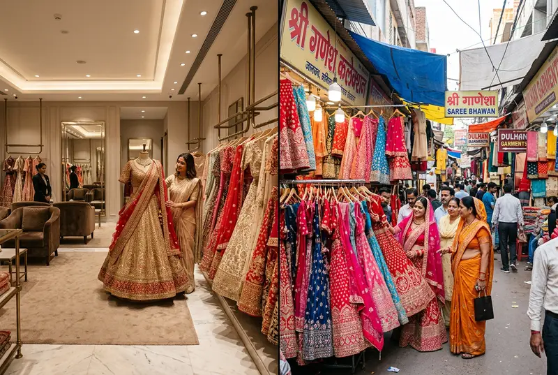 Side-by-side comparison of designer boutique and local market bridal lehengas