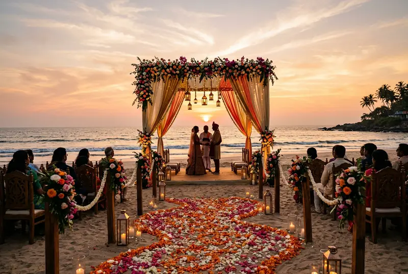 Beach wedding mandap in Goa at sunset