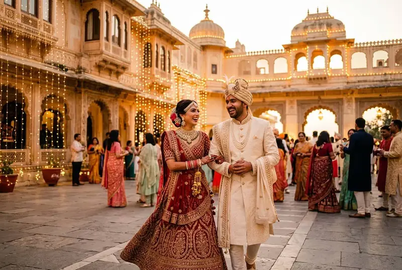 Destination wedding couple styling in Udaipur palace