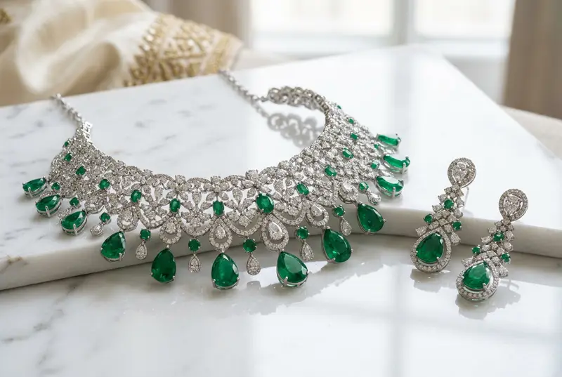 Indian bride wearing diamond and emerald jewelry with a green lehenga