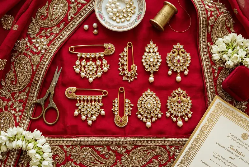 Ornate gold and pearl dupatta brooches and pins on velvet display
