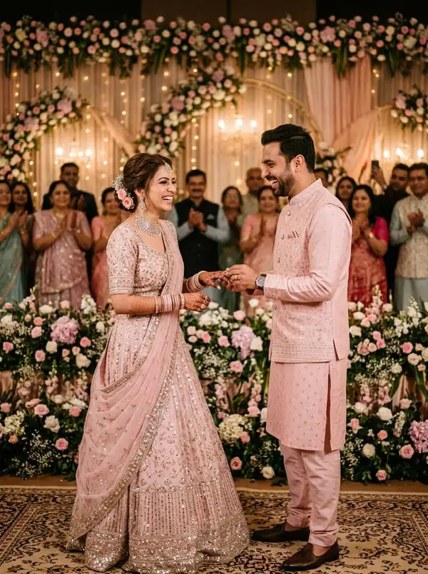 Indian couple exchanging rings at engagement ceremony in matching pastel pink outfits - styled by StyleBuddy Weddings