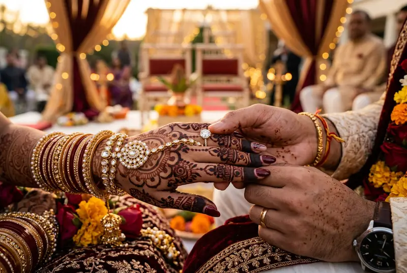 Engagement ring ceremony with couple exchanging rings