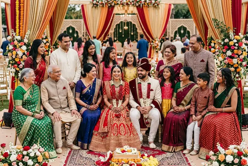 Large Indian family in coordinated complementary wedding outfits at venue