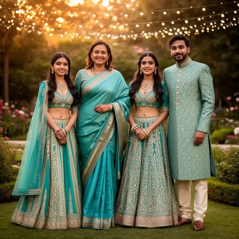 Indian family wearing coordinated teal and gold outfits at a wedding venue