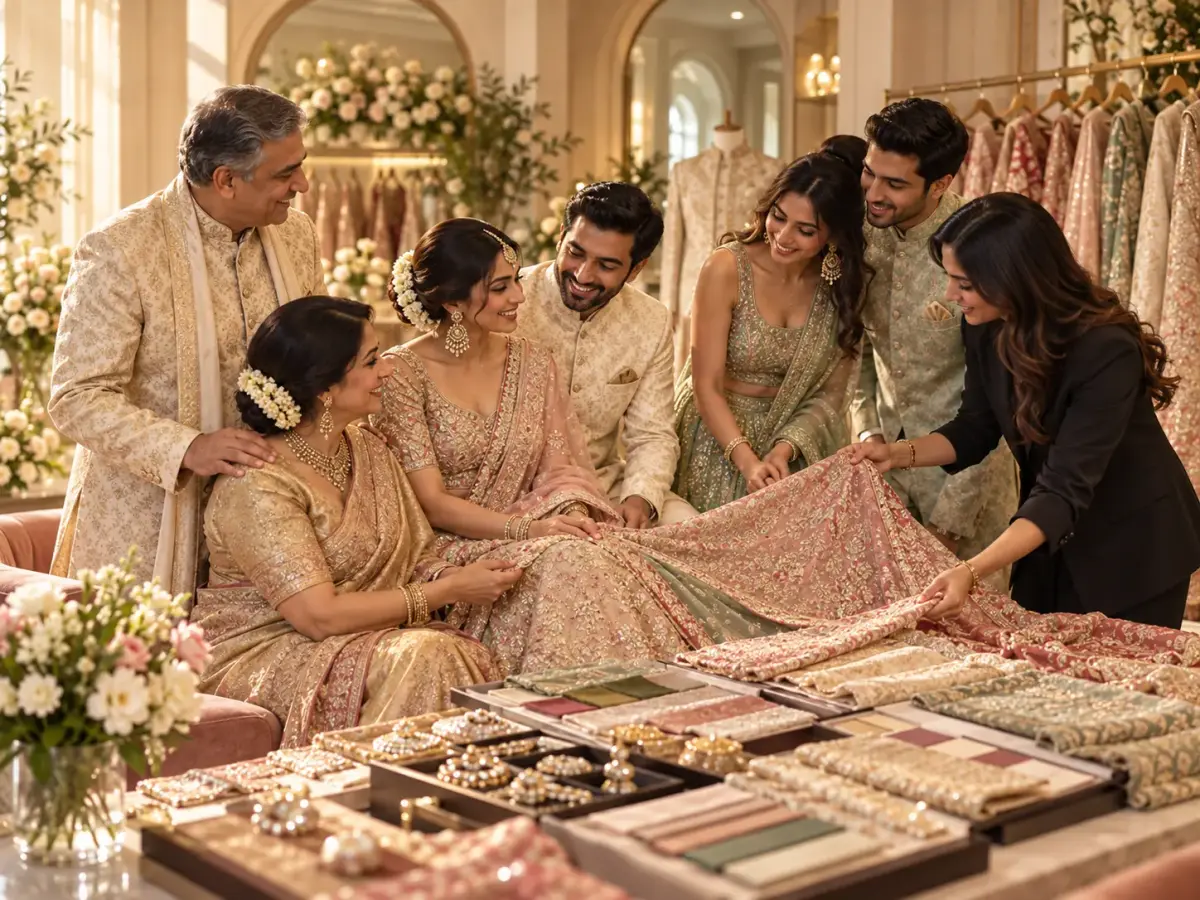Wedding stylist coordinating outfits for an Indian bride, groom and family members