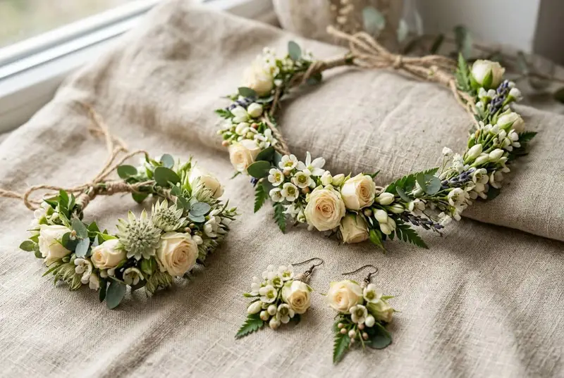 Floral jewelry - fresh flower maang tikka, hathphool, and earrings