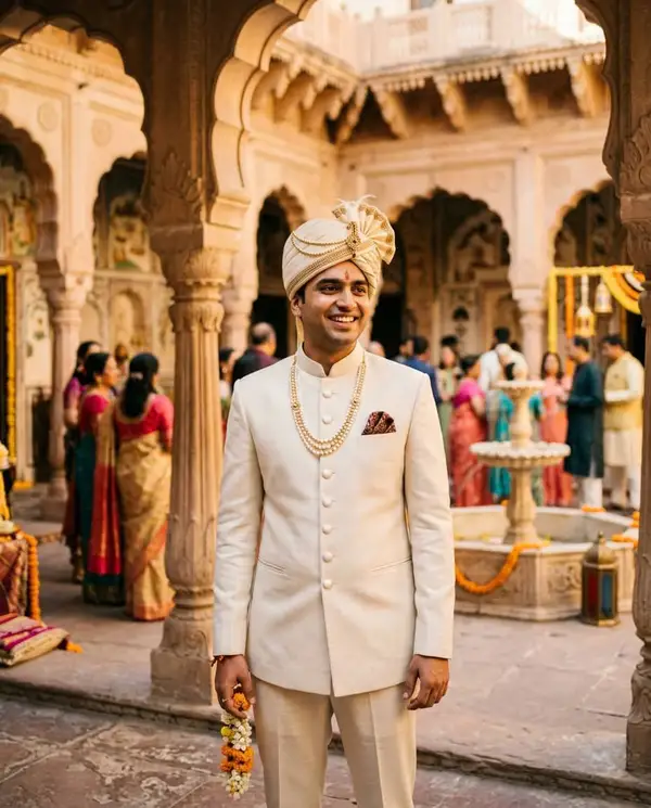 Indian groom in cream bandhgala suit at heritage haveli courtyard - styled by StyleBuddy Weddings