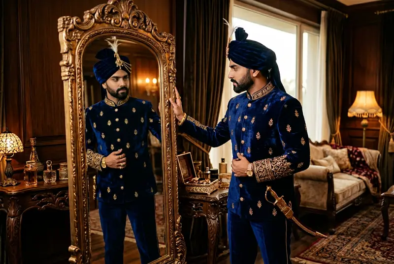 Modern groom in charcoal bandhgala with embroidered collar — sleek and contemporary wedding styling
