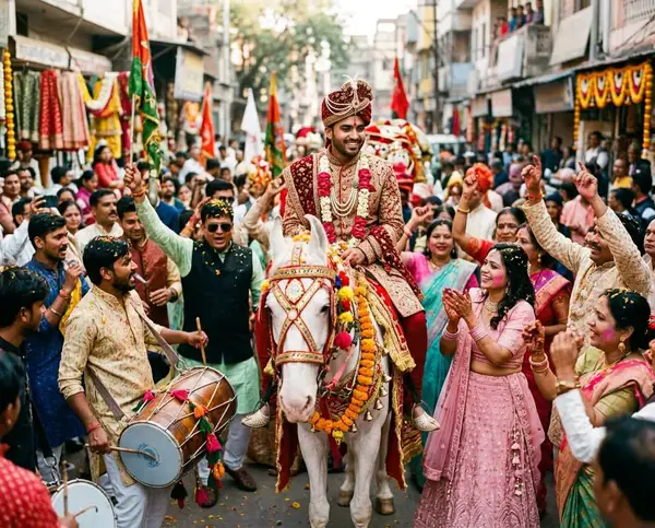 Groom on decorated white horse during baraat procession with dancing family and dhol drums - styled by StyleBuddy