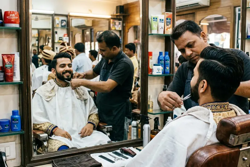 Professional beard grooming for Indian groom on wedding morning — precision trimming and shaping
