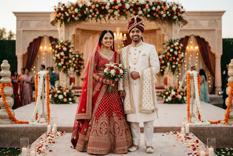 Bride and groom in beautifully coordinated outfits — sage green sherwani with pink lehenga