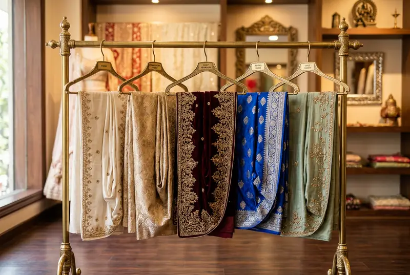 Sherwanis in different colors on display — ivory, sage, maroon, royal blue, and pink options for grooms