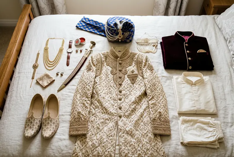 Complete groom wedding wardrobe laid out — five outfits from kurta to sherwani to tuxedo with matching accessories