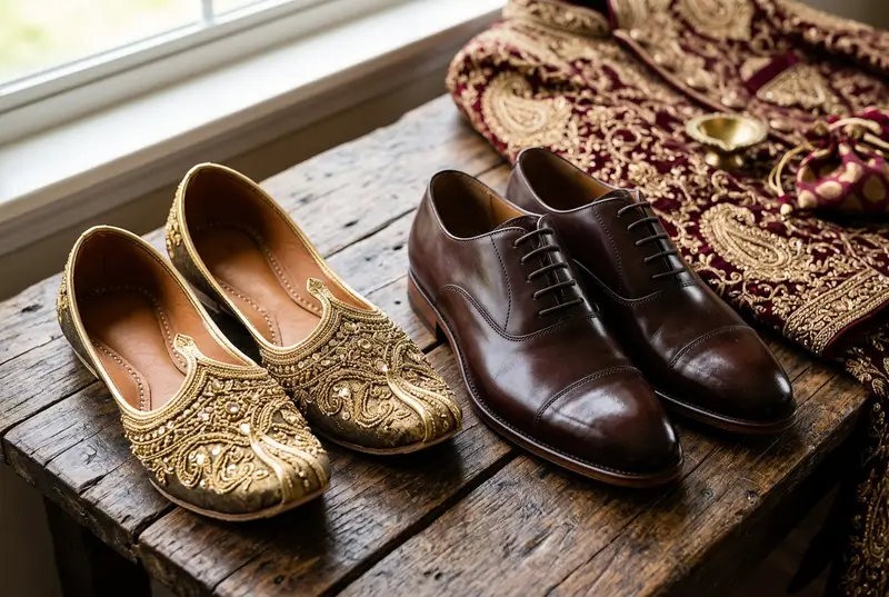 Embroidered mojri juttis vs leather Oxford shoes — traditional and modern groom footwear options