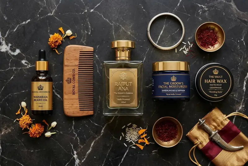 Groom grooming products flatlay — pomade, beard oil, comb, and styling essentials