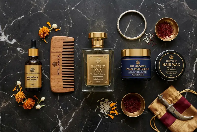 Groom grooming products flatlay — pomade, beard oil, comb, and styling essentials