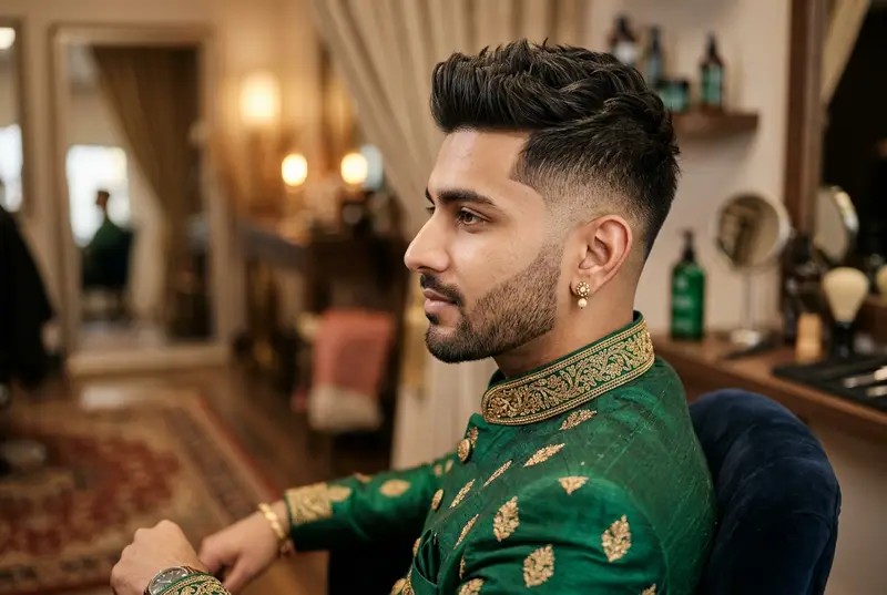 Side profile of Indian groom with perfectly styled pompadour and trimmed beard — polished wedding hairstyle