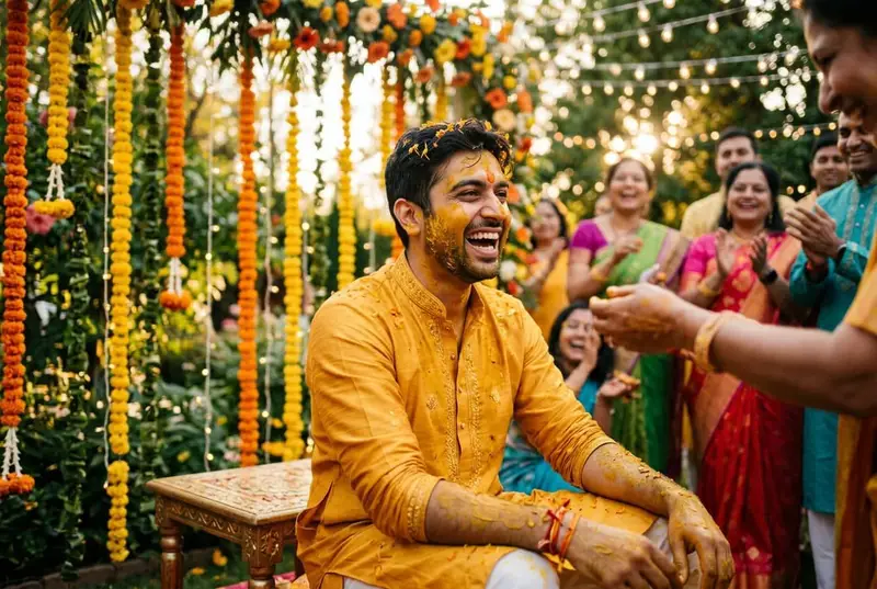Indian groom at haldi ceremony in white kurta with turmeric paste — joyful and casual styling