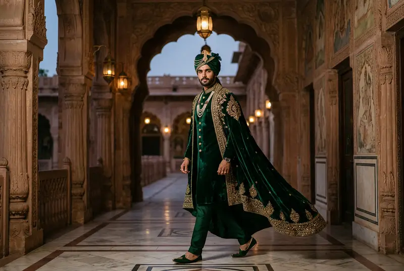 Modern groom in deconstructed charcoal cape sherwani — the cutting edge of Indo-western groom fashion