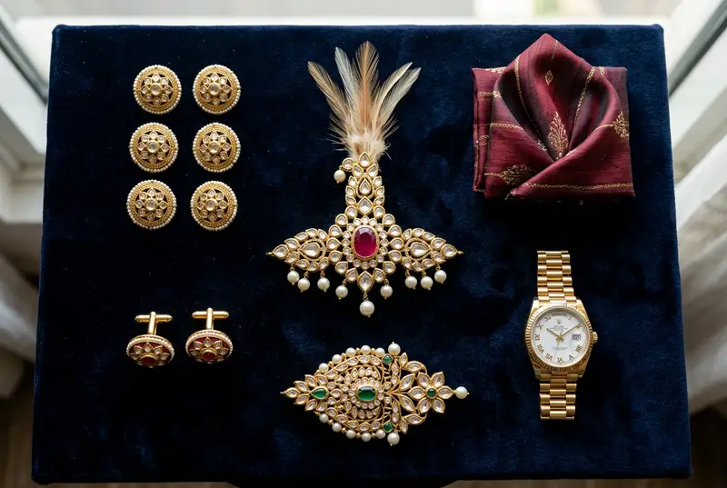 Indian groom jewelry flatlay — gold haar, kundan brooch, cufflinks and bracelet on velvet